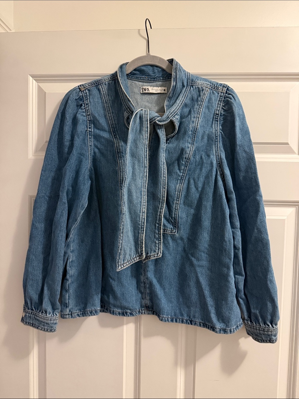 Zara Light Blue Denim Tie-Bow Jacket